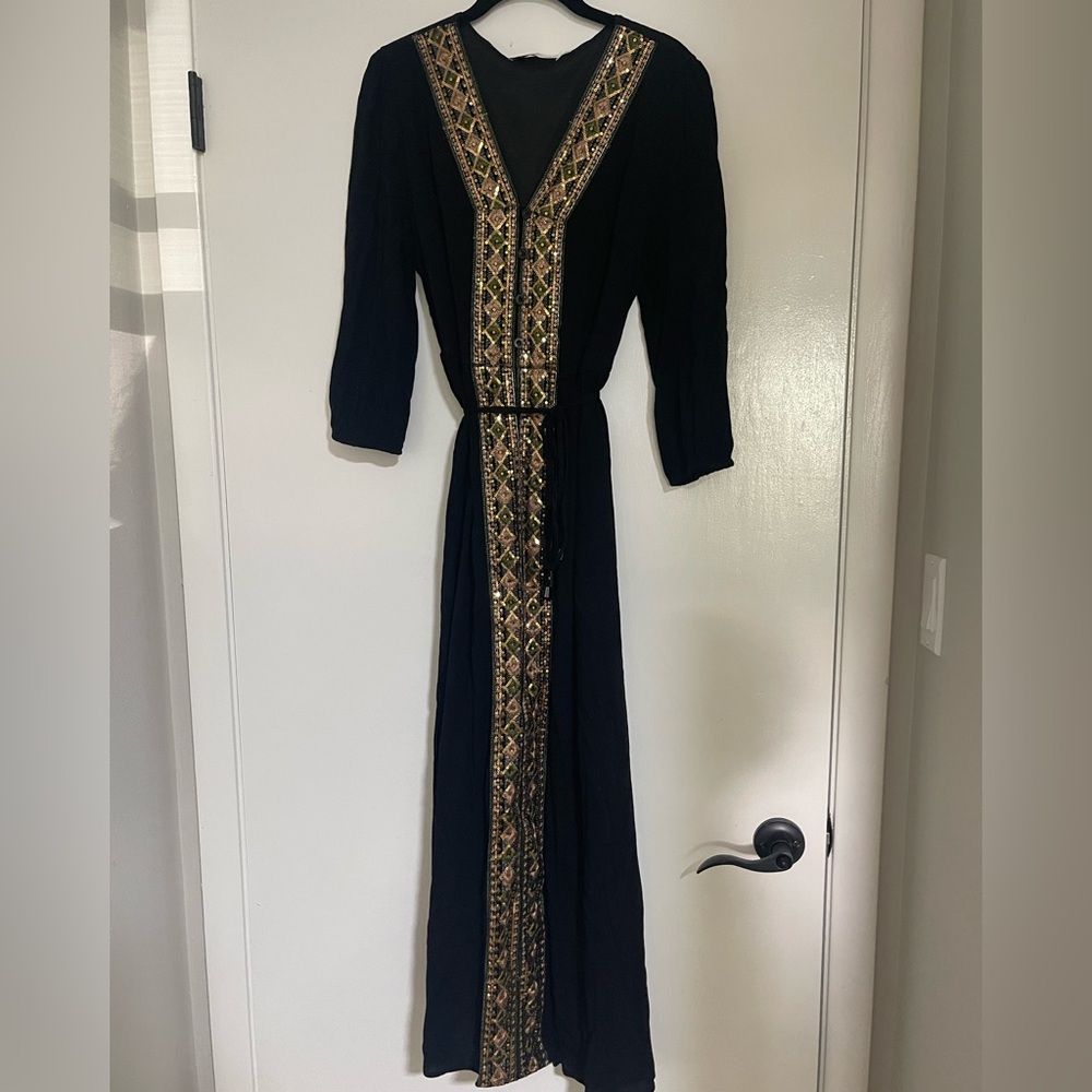 Black and Gold Embroidered Long Sleeve Dress
